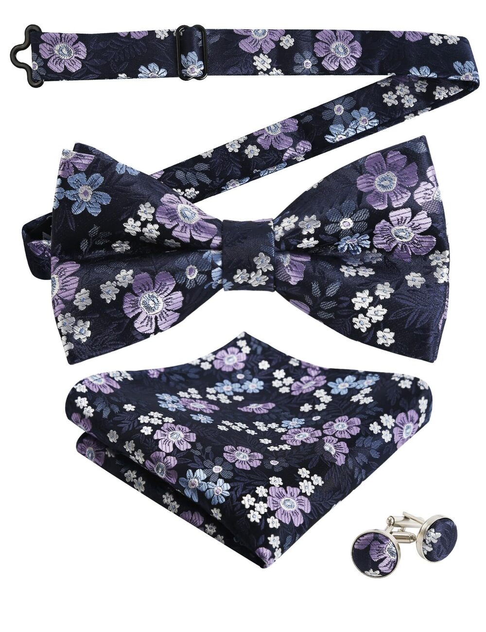 7886 3pcs Floral Pattern Pre-tied Bow Tie Pocket Square and Cufflinks Set